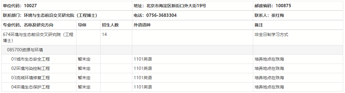 北京师范大学环境与生态前沿交叉研究院2025年工程博士申请考核制实施办法