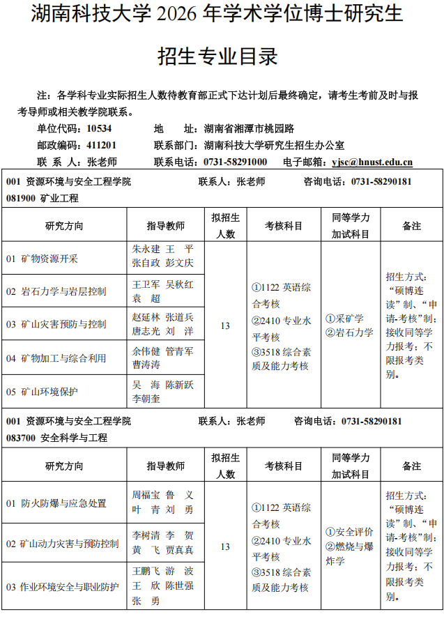 2026年考博湖南科技大学博士研究生招生专业目录