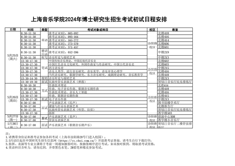 上海音乐学院2024年博士研究生招生考试初试日程安排