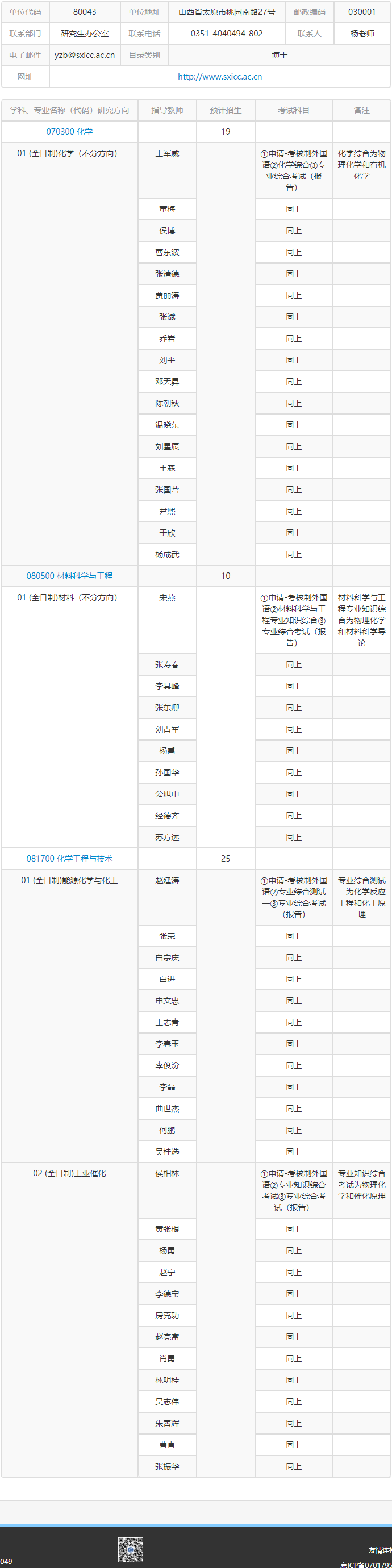 中科院山西煤炭化学研究所2027年博士招生专业目录