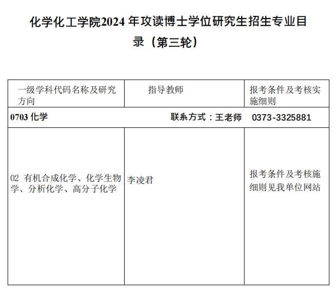 河南师范大学化学化工学院2024年博士研究生招生(第三批次)申请考核制实施细则