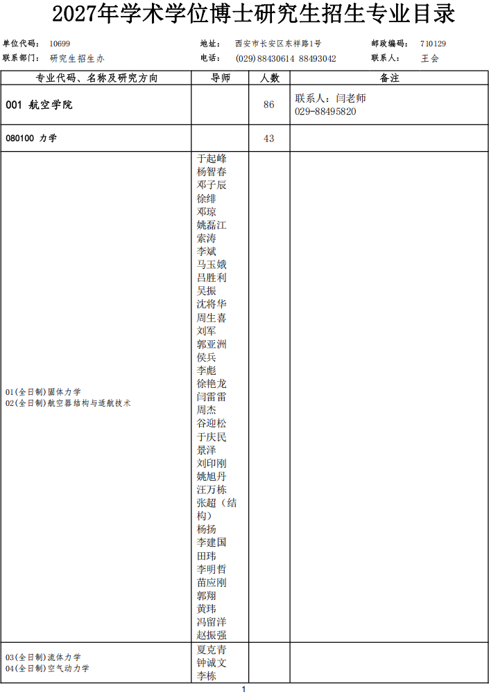 西北工业大学2027年博士研究生招生专业目录
