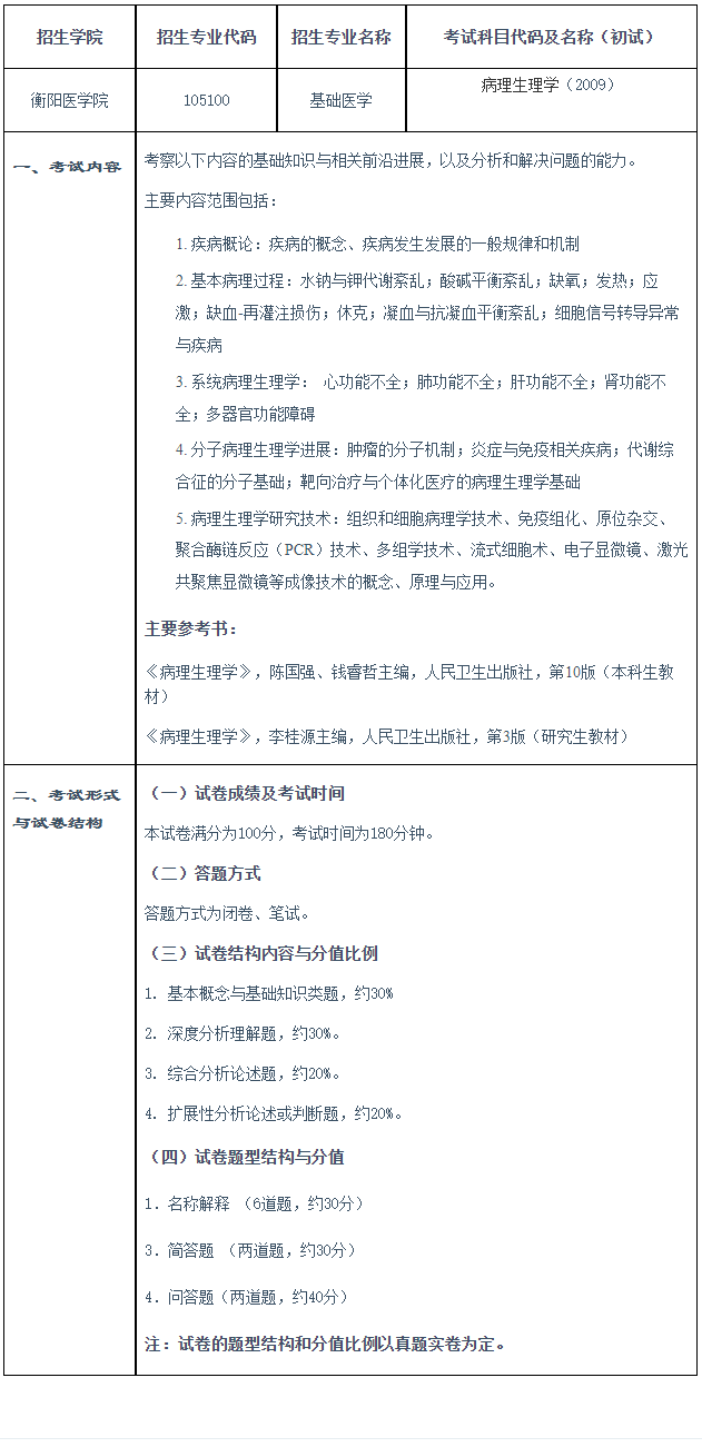 南华大学2026年博士研究生病理生理学考试大纲明细