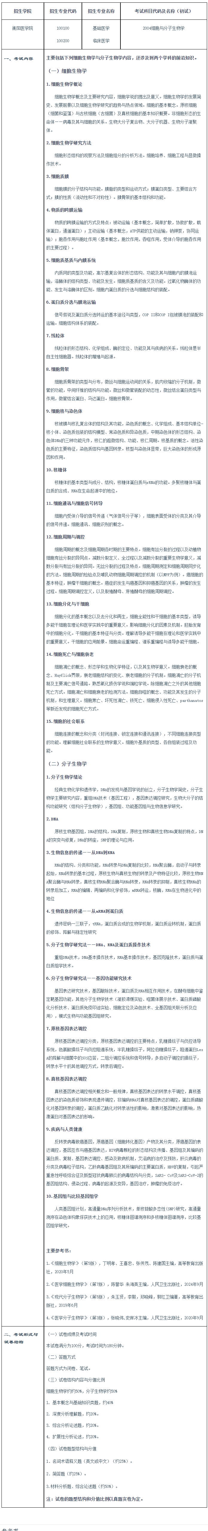 南华大学2026年博士研究生细胞与分子生物学考试大纲明细