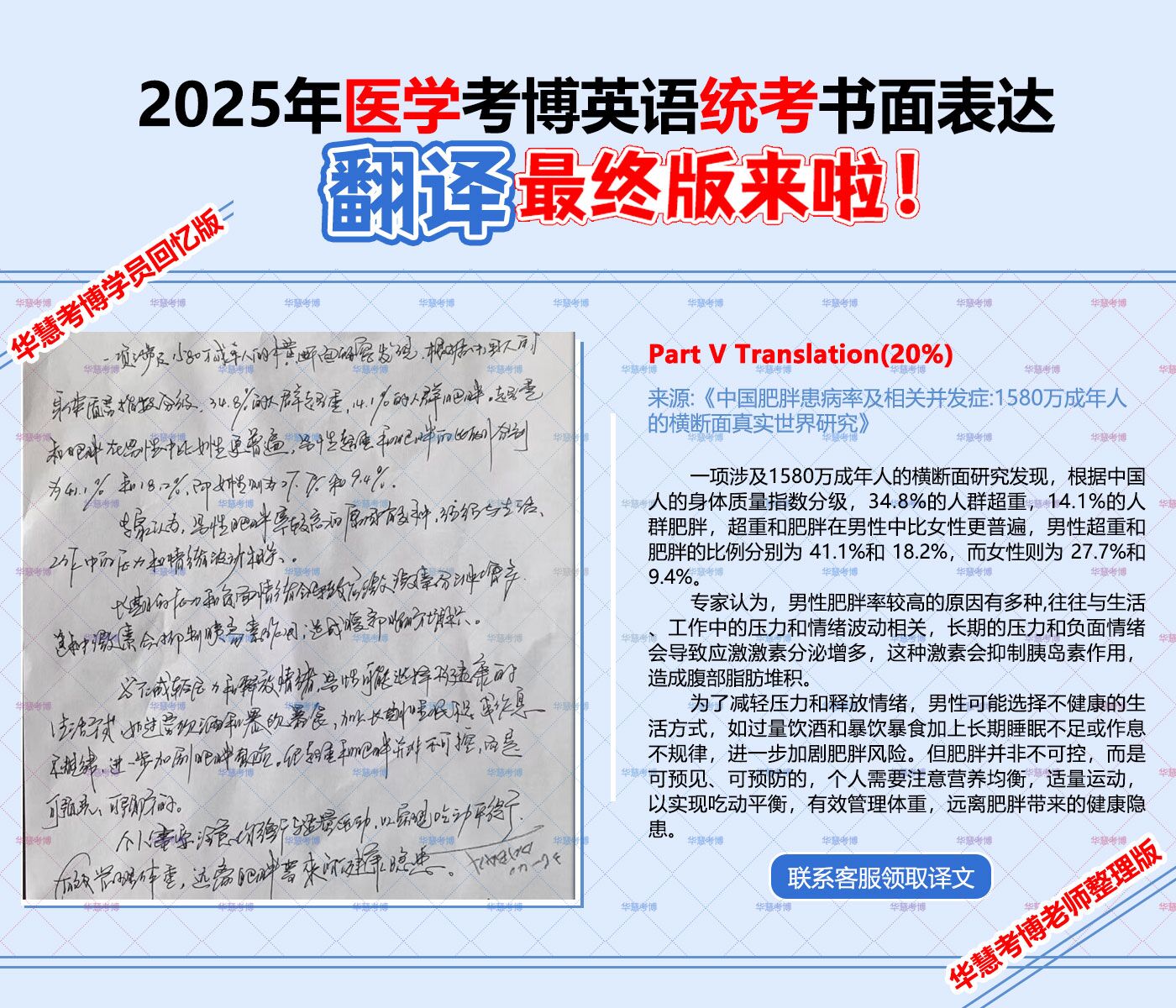 2025年全国医学博士英语统一考试真题回忆—翻译 