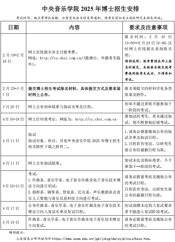 中央音乐学院2025年博士研究生招生安排